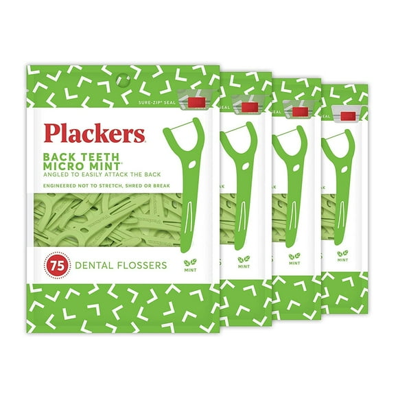 Plackers Dents Arrière Micro Menthe Fil Dentaire Saveur Menthe Délicieuse Offre un Accès Facile pour Dents Arrière Cure-Dents Intégré Rangement Facile 75 Unités Lot de 4