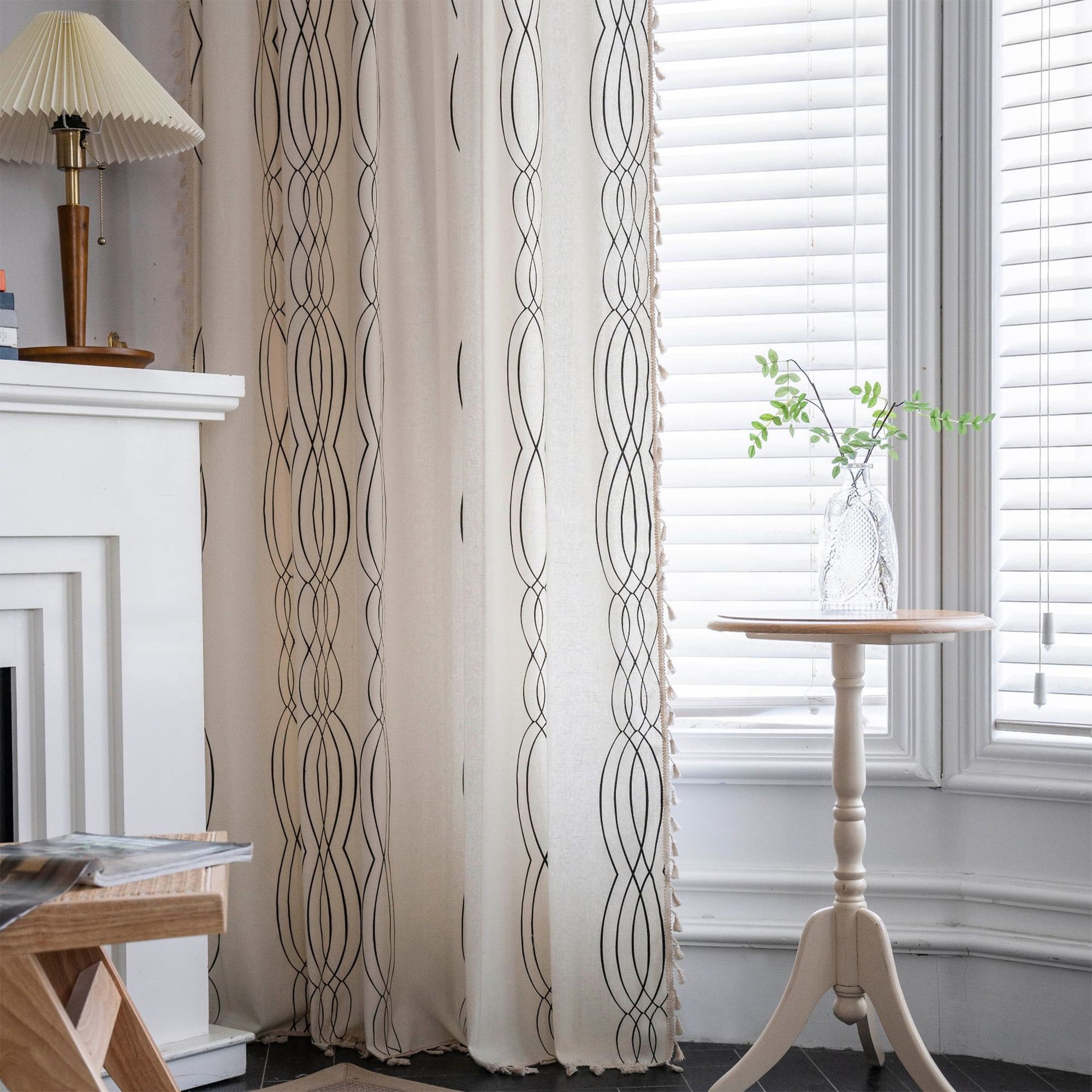 Turkio Cotton Linen Curtains with Geometric Black Stripes and Tassel Design,84 Inches Long,1 Panel