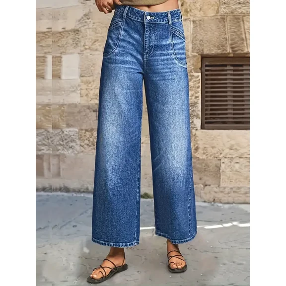 Loose wide-leg high-waisted straight-leg retro casual washed denim trousers for women