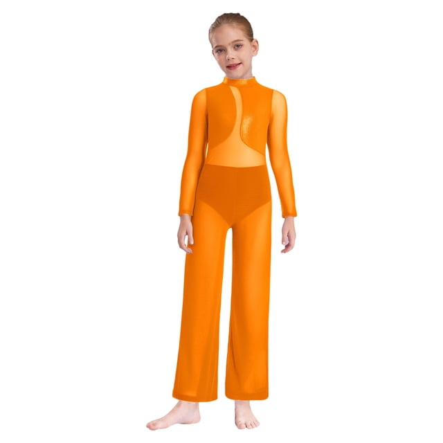 Kaerm Kids Girls Mesh Patchwork Metallic Long Sleeve Full Body Unitard Figure Skating Jumpsuit Orange 12