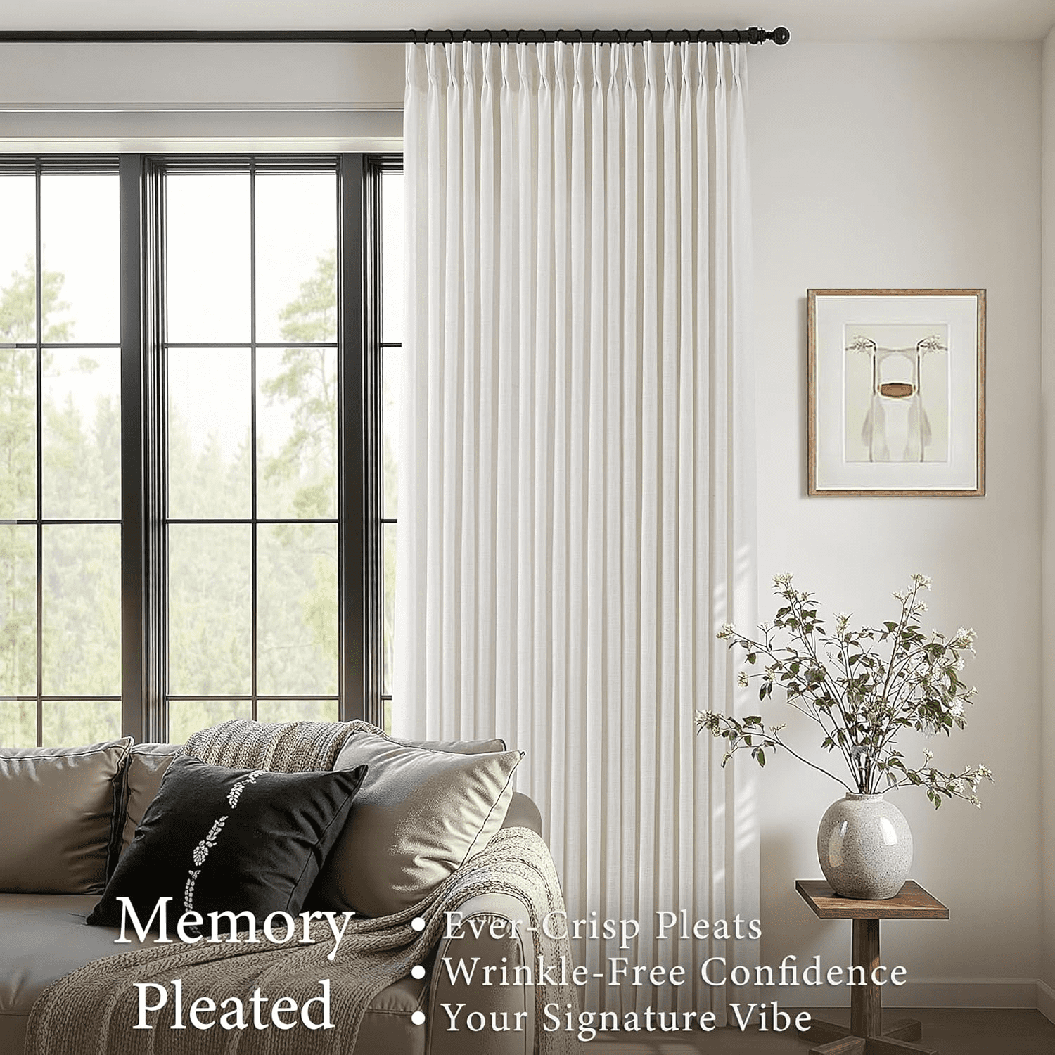 Pinch Pleated Linen Curtains 90 Inches Long for Living Dining Room Bedroom 2 Panel Set Natural Cream Birch Pinch Pleat Curtain 90 Inch Neutral Boho Floor to Ceiling Curtains Semi Sheer Linen Drape