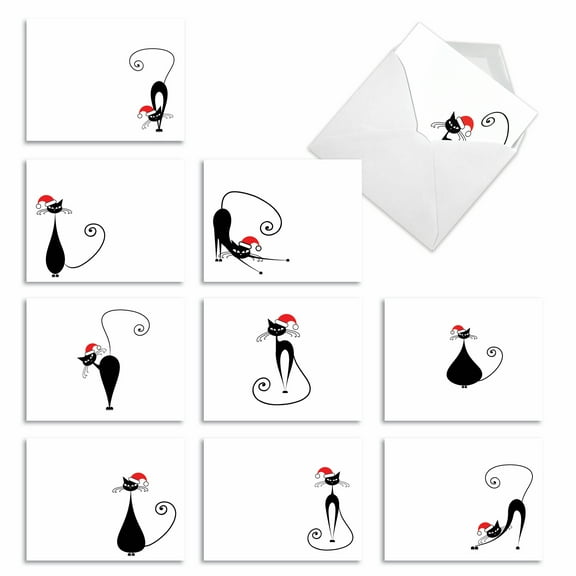 Pack of 10 Merry Christmas Note Cards with Envelopes (4 x 5.12 Inch) - MEOWY CHRISTMAS M2265