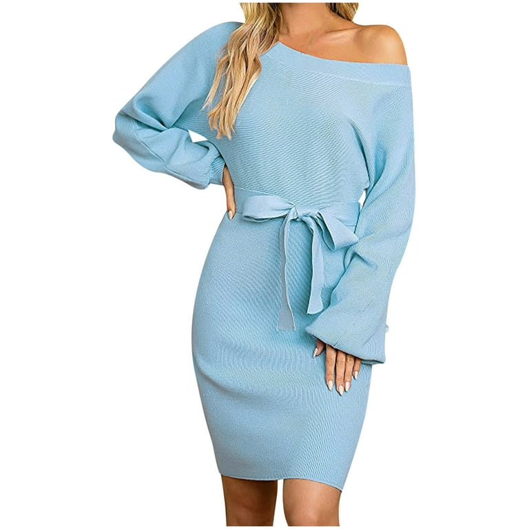 women's light blue winter off the shoulder dress Walley