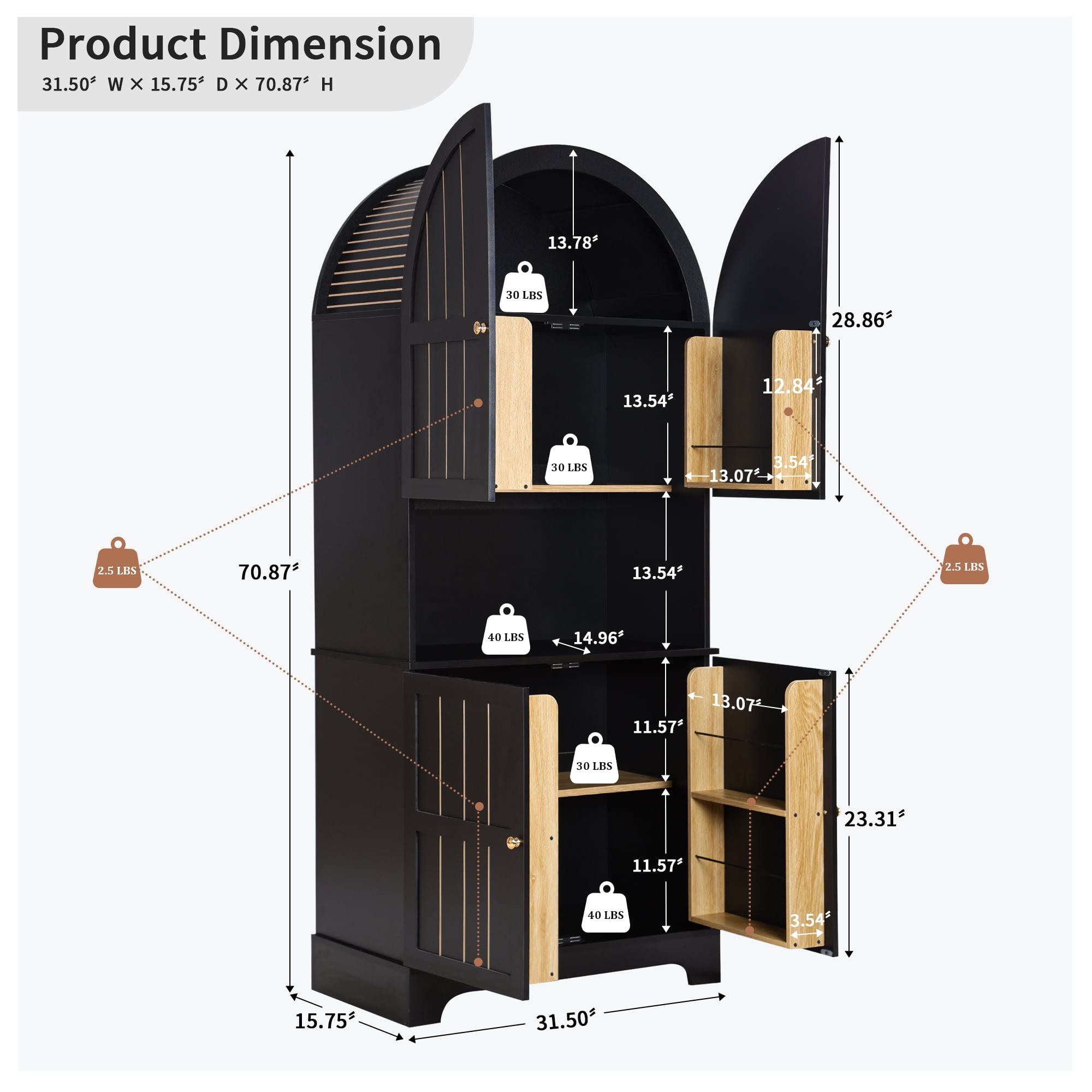 LEFHDA 71" Tall 5-Tier Arched Kitchen Pantry Cabinet with Doors, Large Storage Cabinet Freestanding Wooden Storage Cabinet for Kitchen, Living Room & Bathroom (Black)
