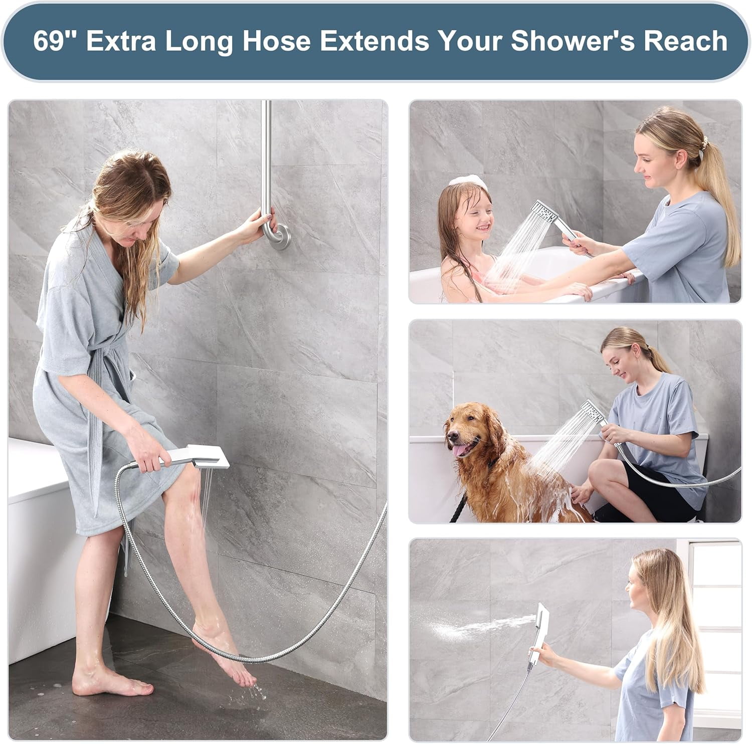 Rain Shower Head with Handheld Spray, 8 Inch High Pressure Rainfall Shower Head Combo with 60” Hose, Adjustable Dual Square Showerhead with 3-Way Diverter, Wall Bracket, Chrome