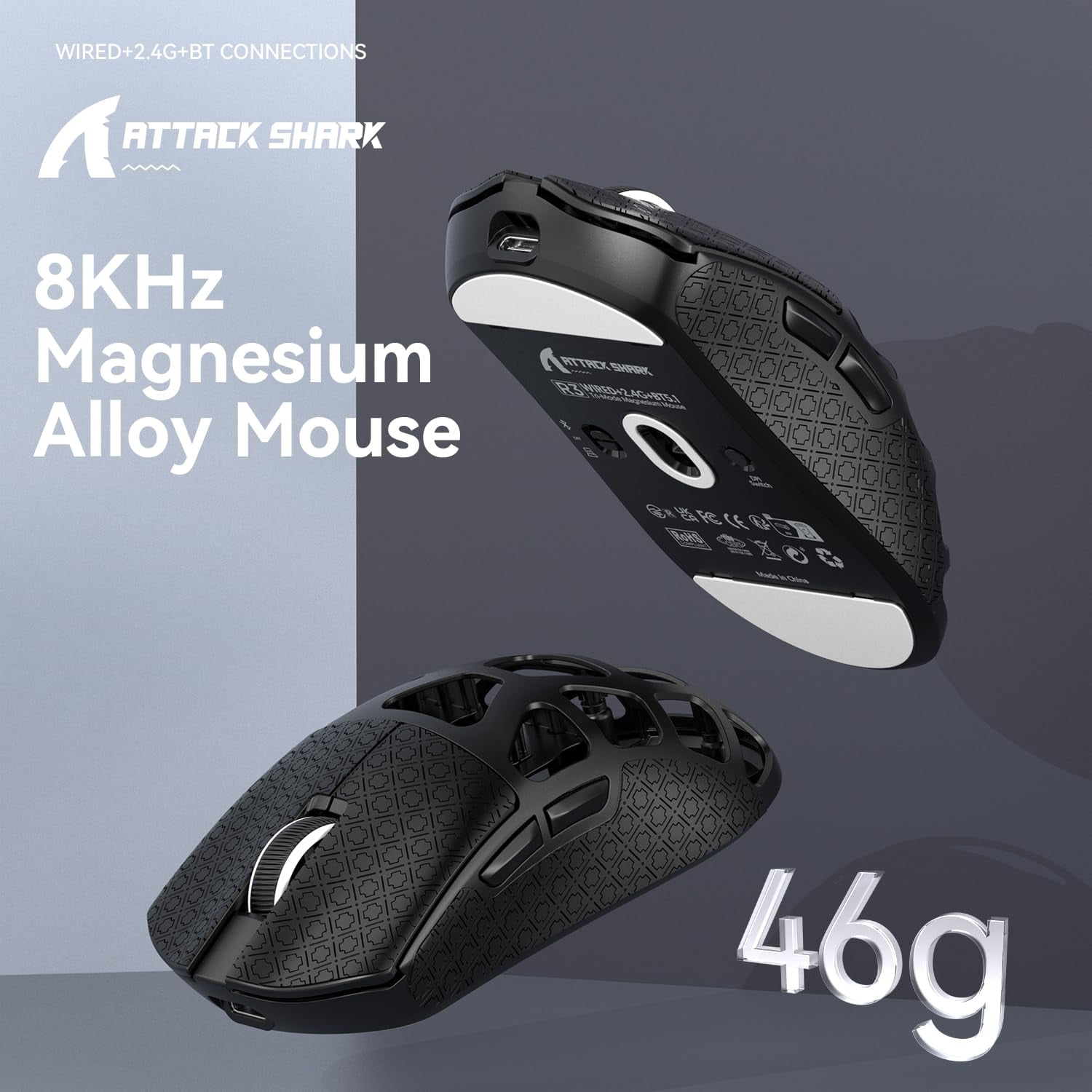 ATTACK SHARK R3 46g Superlight Magnesium Alloy Wireless Gaming Mouse, BT/2.4G/Wired Computer Mouse, 8KHz Polling Rate, PAW3395 26K DPI Sensor Programmable Mice Griptape for PC/Laptop/Mac (Black)