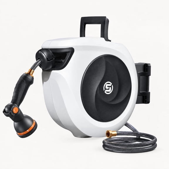 SUNPOW Retractable Wall-Mounted Hose Reel with Auto Rewind & 180° Swivel - 10-Pattern Nozzle, Brass Fittings, Adjustable Length Lock (33ft, 1/2 Inch)
