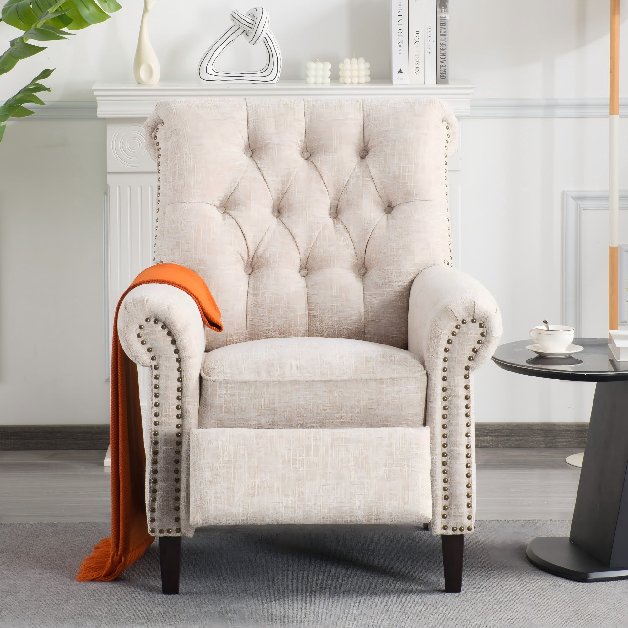 BSHTI Pushback Recliner Chair Linen Upholstered Armchair for Living Room Home Theater, Manual Single Sofa with Nailhead Trim, Rolled Arms, Wood Legs, Adjustable Footrest(Beige)