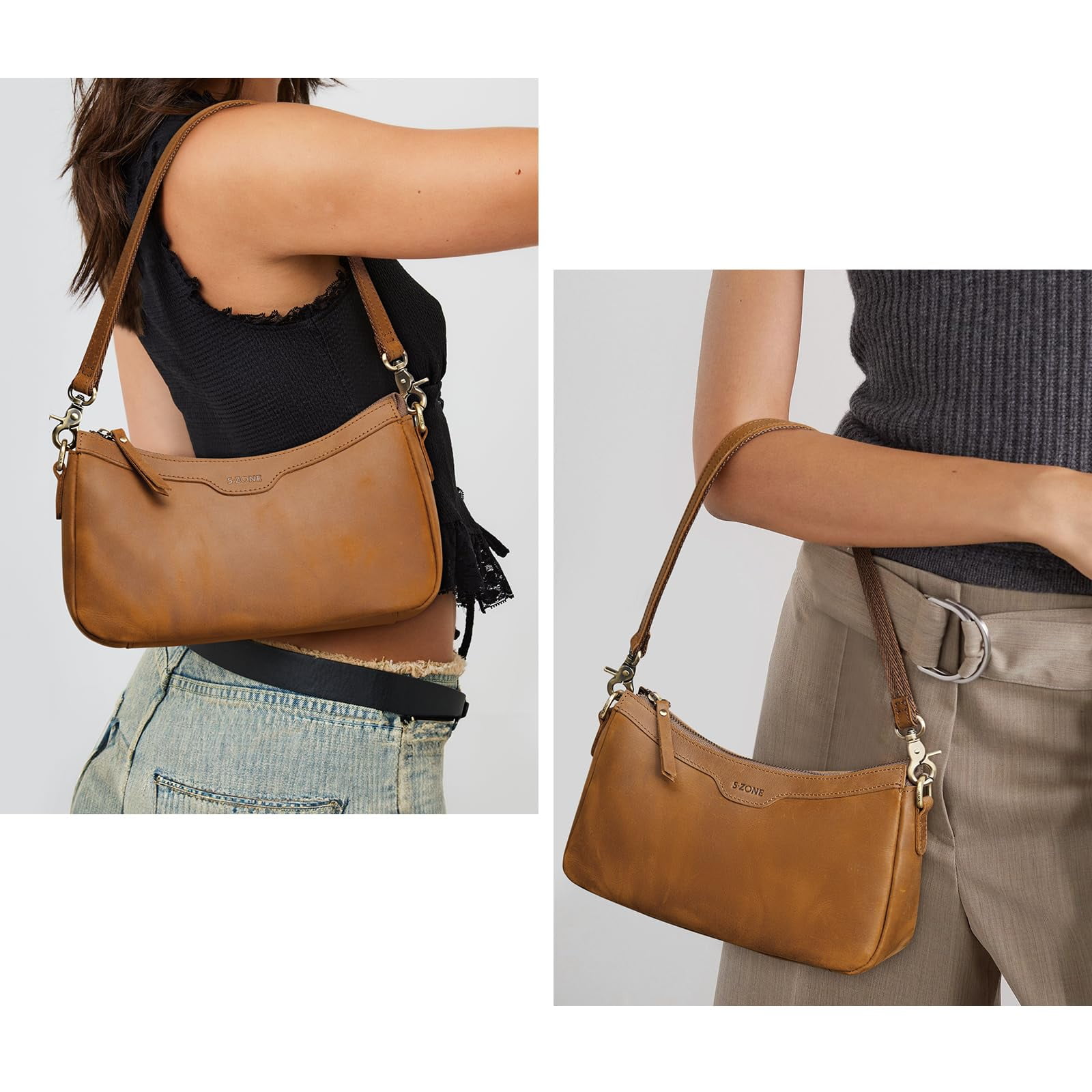 S-ZONE Leather Shoulder Bag for Women Small Crossbody Bags Hobo Purses with 2 Straps
