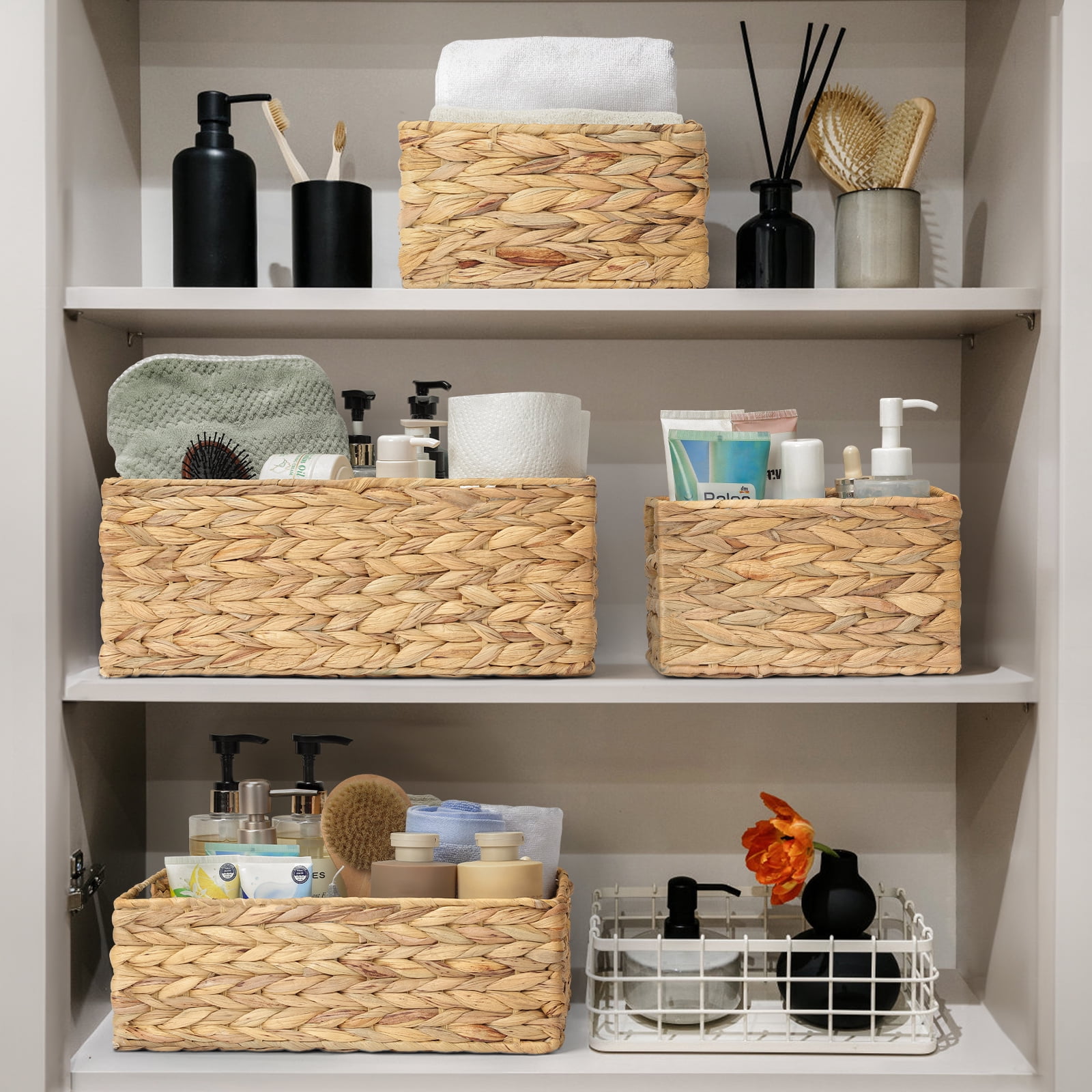 Natural Woven Storage Baskets - 4-Piece Set - For Fruits & Vegetables - Kitchen, Pantry, Countertop, Refrigerator Organization - Eco-Friendly Gourd Grass