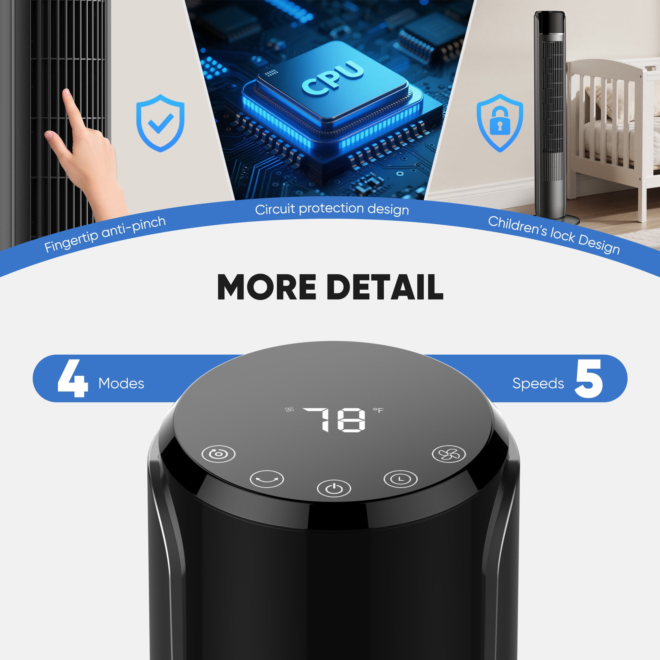 EDX Tower Fan for Home, 36" Standing Floor Fan, 25 ft/s Bladeless Fan Cold Air, 28dB Quiet for Sleep, Remote, 60° Oscillation, 12H Timer, 5 Speeds, 4 Modes, LED Display，Black
