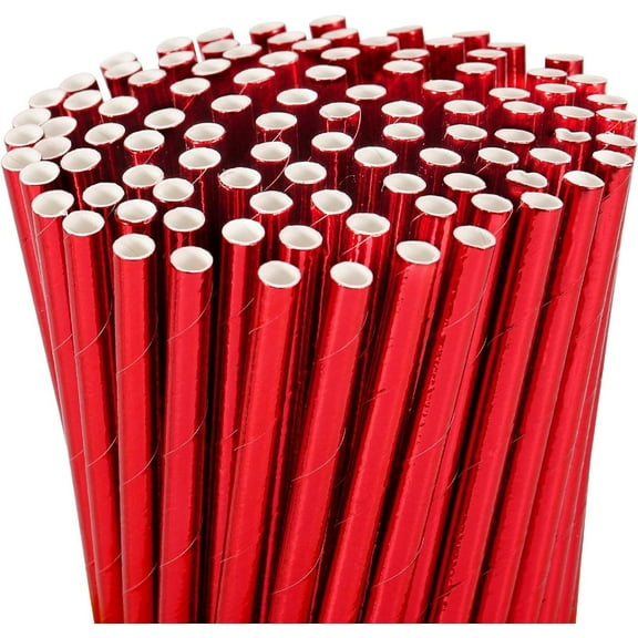 Jeffbaubl 100 Pack Red Paper Straws,Biodegradable Red Straws,Cake Pop Sticks,Disposable Paper Drinking Red Straw,Foil Paper Straws for Birthday Wedding Party Supplies Decorations