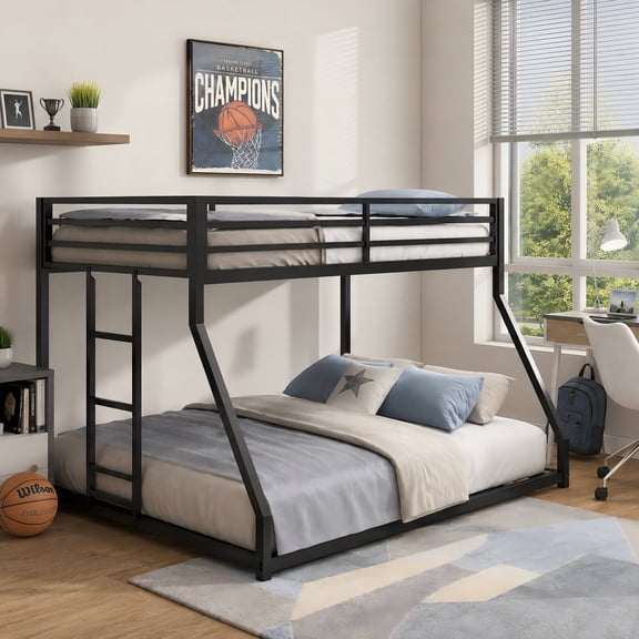 Aukfa Twin over Full Metal Bunk Bed for Kids and Adults, Low Profile Bunk Bed, Heavy-Duty Steel Slats, No Box Spring Needed, Black