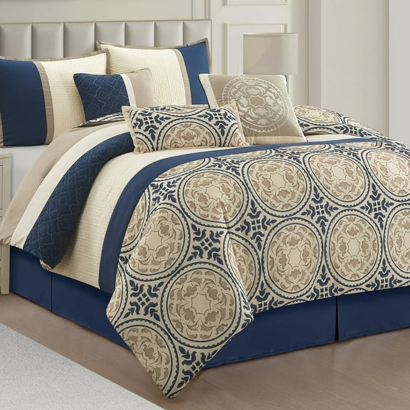 Lanco Damask 7-Piece Comforter Set, Blue/Beige Queen, Soft & Breathable, Geometric, Medallion