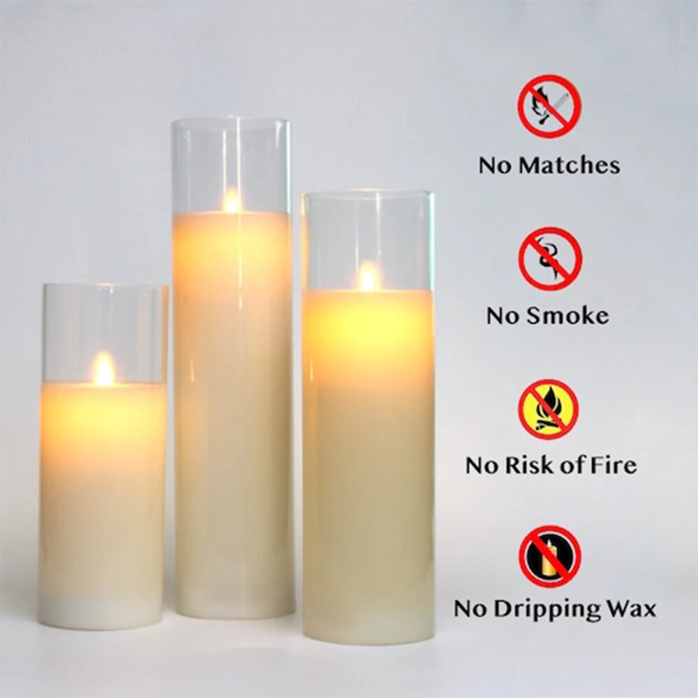 Big Size Candles Set of 8" 10" 12" Glass Flameless Candles  Battery Operated Real Wax Pillars Glass LED Candles with Remote Control Cycling Timer
