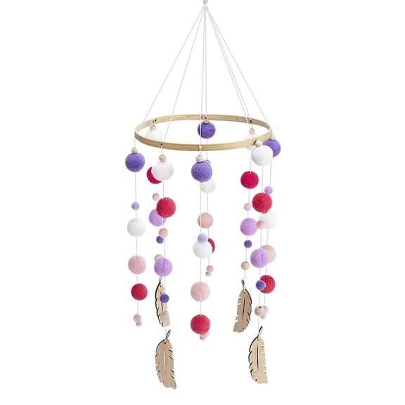 Wooden Crib Mobile Wind Chimes – Felt Ball & Feather Pendant Hanging Baby Mobile, Soothing Nursery Decoration