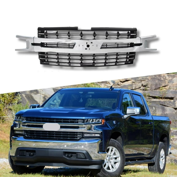 ONEPI Front Grill Fit For Chevy Silverado 1500 2019 2020 2021 Models, Chrome W/Black Insert