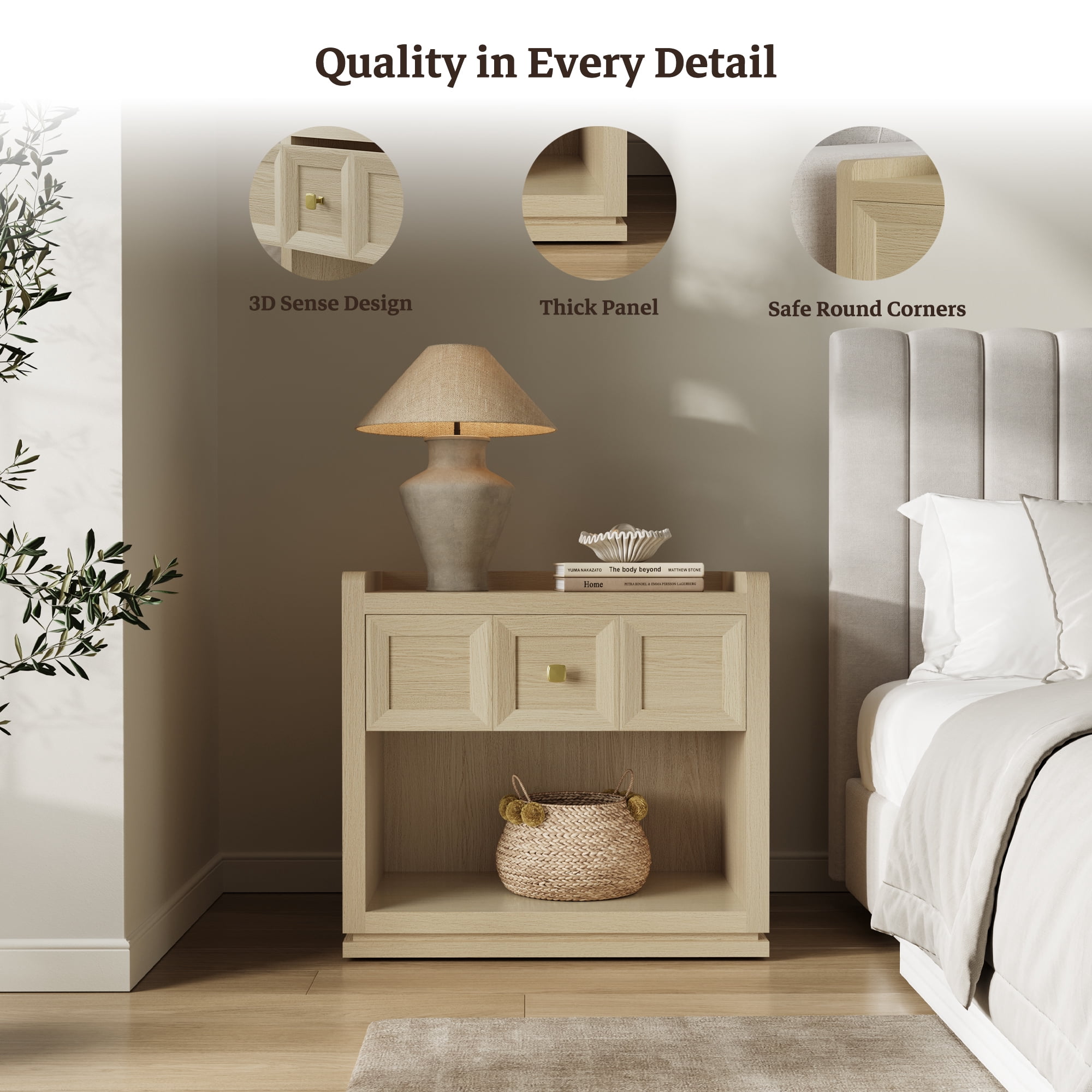 SICOTAS 26" W Farmhouse Nightstands Set of 2, Big nightstands with Drawer & Open Shelves, Large Bedside Table, End table for Bedroom, Living Room, Oak