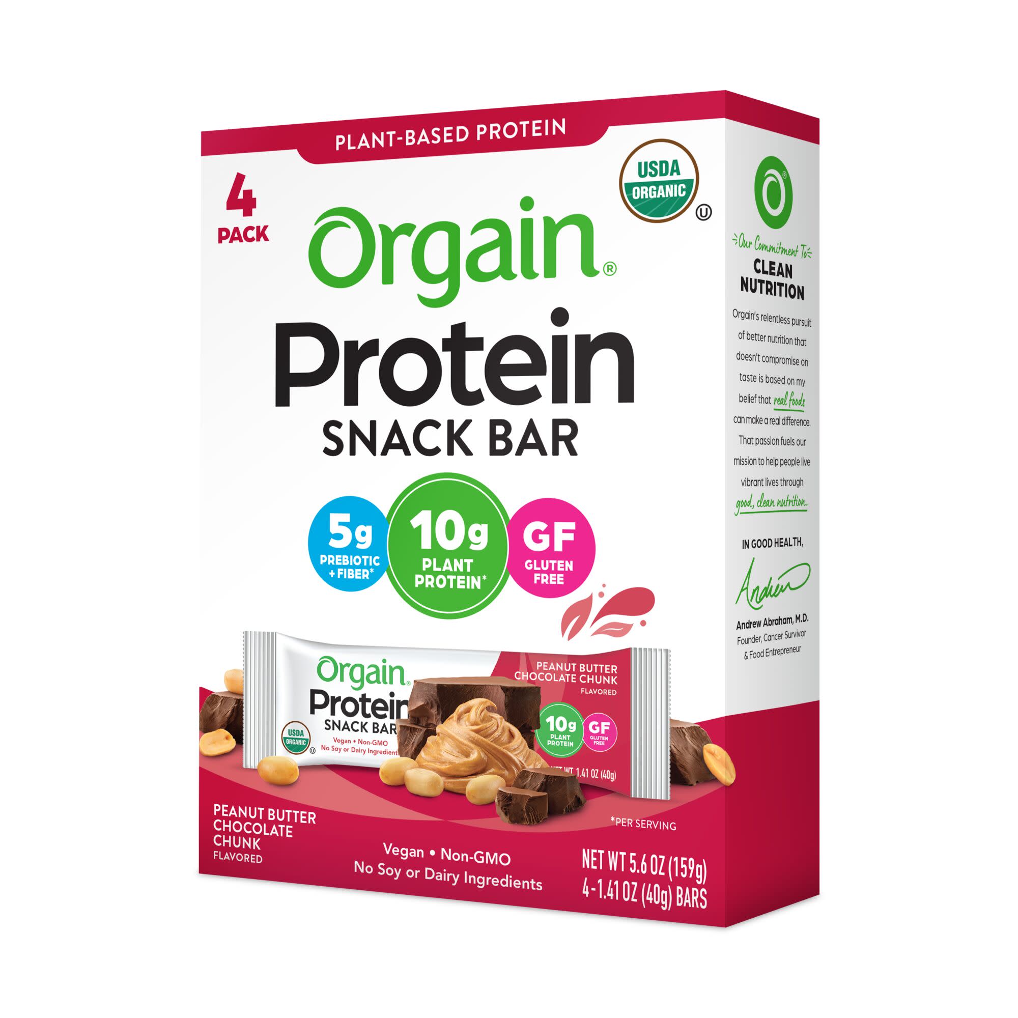 Orgain Organic Vegan Protein Bar, Peanut Butter Chocolate Chunk, 4ct
