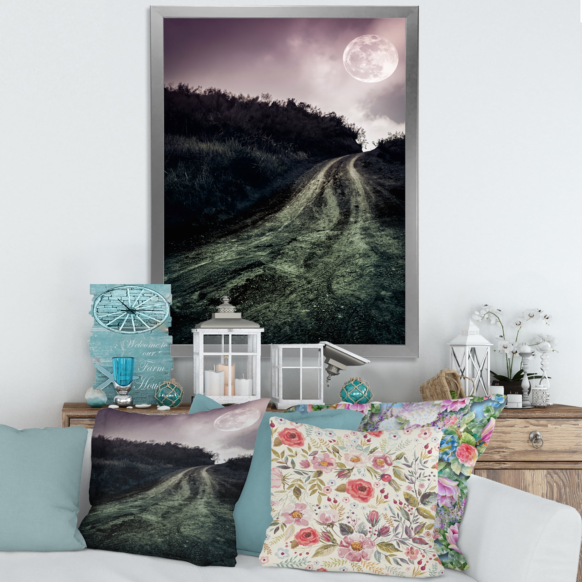 Designart 'Countryside Muddy Road Under Full Moon' Modern Framed Art Print