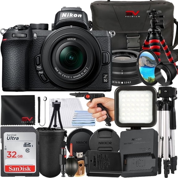 Nikon Z50 Mirrorless Camera with 16-50mm Lens   SanDisk 32GB Memory Card   Pistol Grip Tripod   SV Premium Accessory Bundle (International Version)