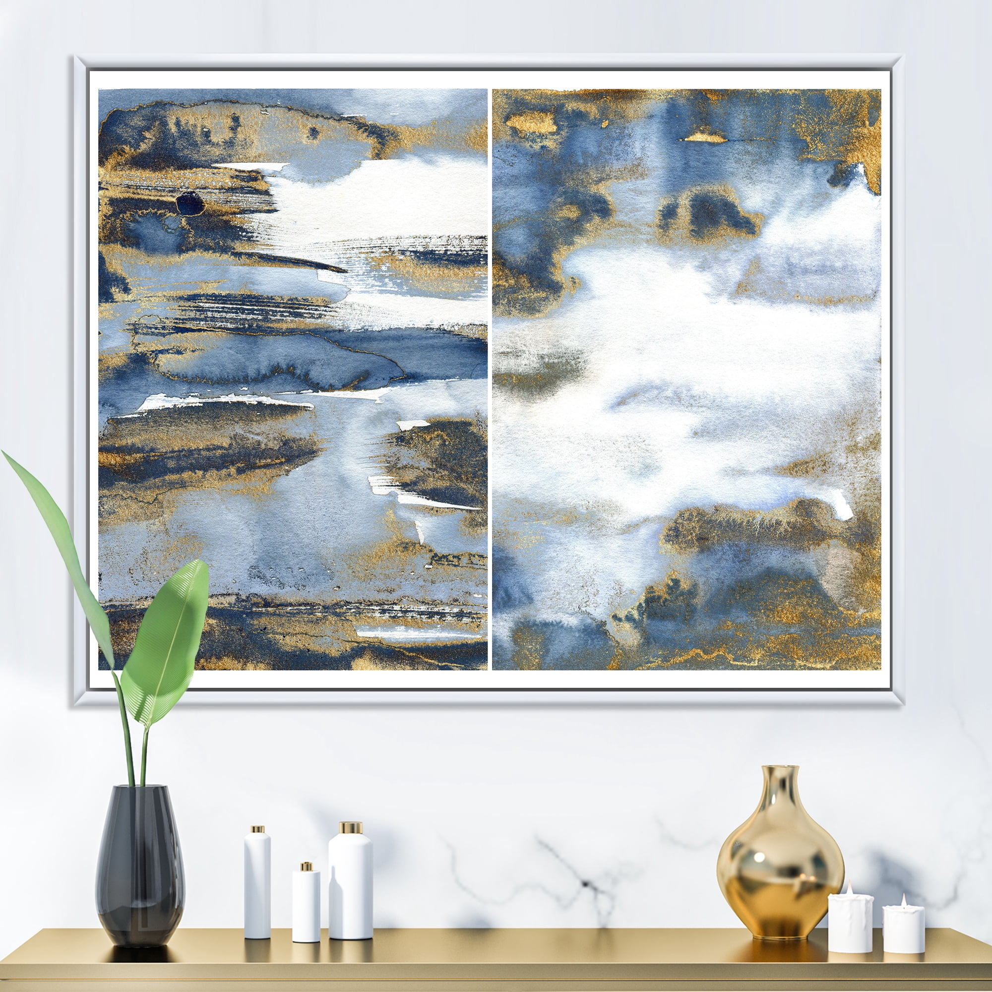 Designart 'Gold and Dark Blue Abstract Waves III' Modern Framed Canvas Wall Art Print