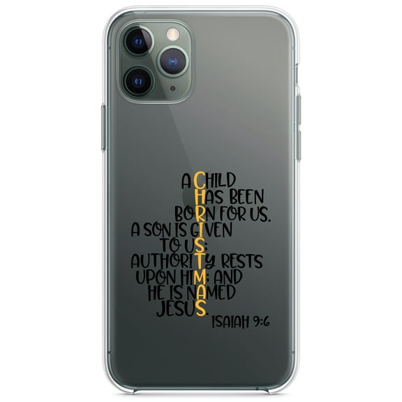 DistinctInk Clear Shockproof Hybrid Case for iPhone 11 (6.1" Screen) - TPU Bumper Acrylic Back Tempered Glass Screen Protector - Christmas - Isaiah 9:6 - Black Yellow