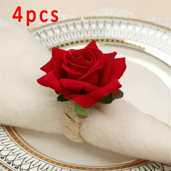 Fankiway 4Pcs Rose Fleur Serviette Anneaux Fleurs Artificielles Porte-Serviettes Boucles