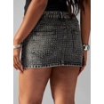 thumbnail image 2 of Women High Waist Vintage Washed Denim Skirt With Rhinestones In Black And Gray, 2 of 4