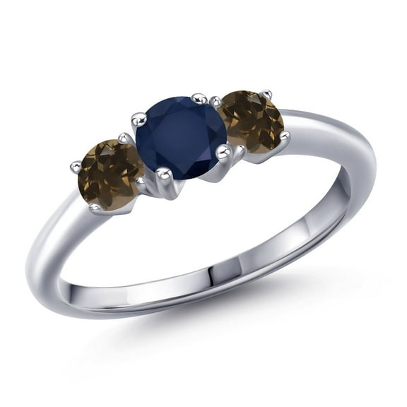 Gem Stone King 925 Sterling Silver Blue Sapphire and Brown Smoky Quartz Engagement Ring for Women | 1.12 Cttw | Round 5MM | Gemstone September Birthstone | Size 5