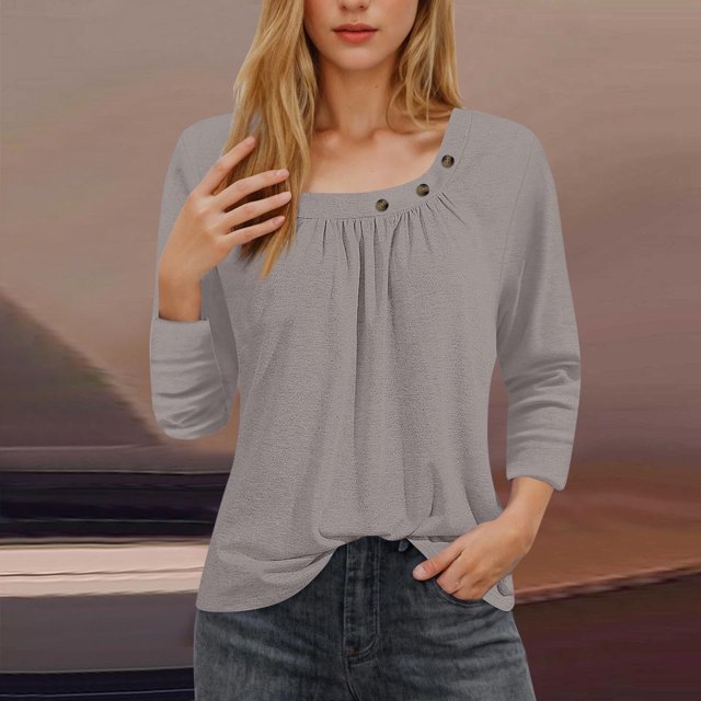 Hot6sl Économies d'Été Liquidation Manches Col Rond Blouses & Chemises, Blouse Mode Femme Manches 3/4 T-shirt Décontracté, Haut polyester FemmeGris, TG