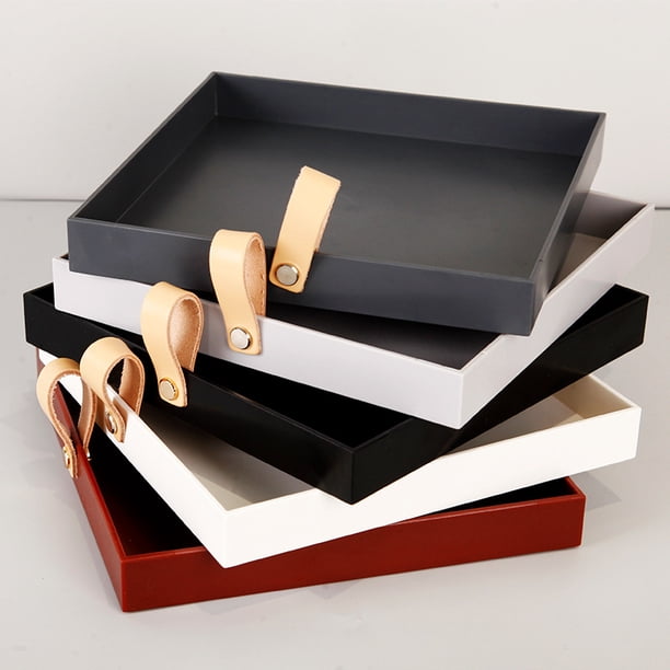 Bandeja cuadrada con asa de cuero PU para la entrada de la sala de estar, cosméticos, artículos diversos, bandeja de almacenamiento de escritorio para objetos pequeños, bandeja de almacenamiento, gris ZefeiWu 8390613818584
