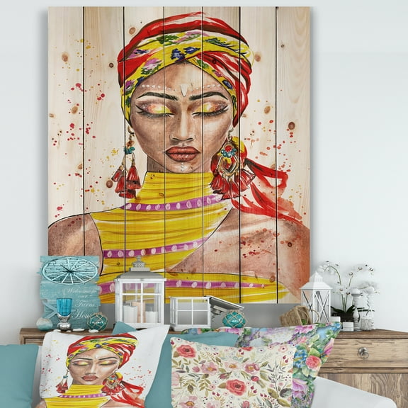 Designart 'Exotic Colorful Portrait of Afro American Woman' Traditional Print on Natural Pine Wood