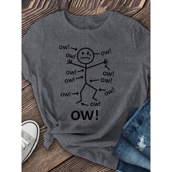 Gray Graphic Mens Crew Neck Short-Sleeve T-Shirt With Stick Figure OW! Print