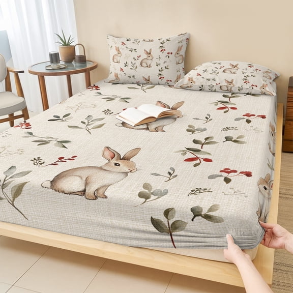 Cal.King Size Fitted Sheet Set - Bunny Flower 3 Piece Bedding Sets 16" Deep Pocket Fitted Sheet with 2 Pillowcases, Farmhouse Rabbit Plant Pastoral Fruit Brushed Microfiber Hotel Luxury Bed Sheets