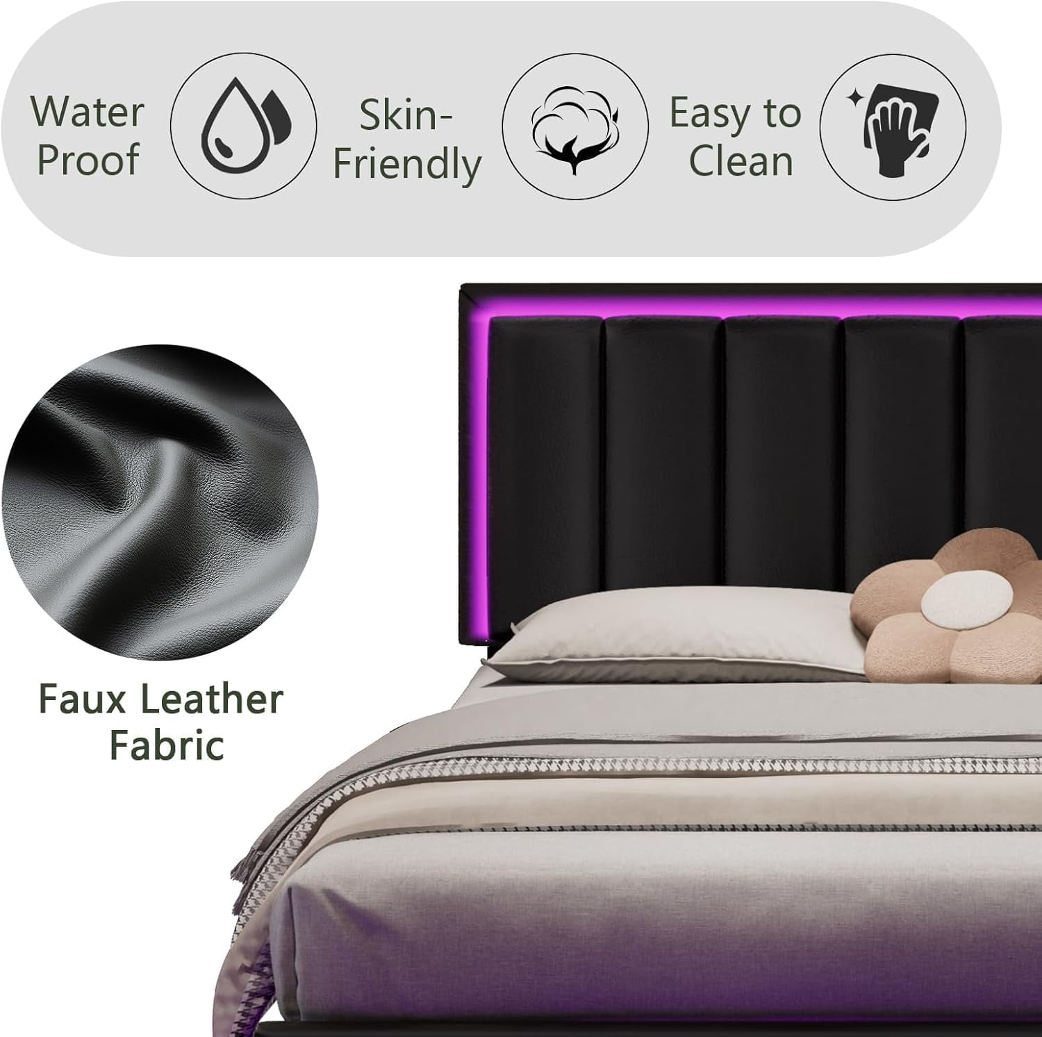 4 EVER WINNER Full Size LED Bed Frame, Full Floating Bed Frame with LED Light, White Bed Frame with Headboard, Black