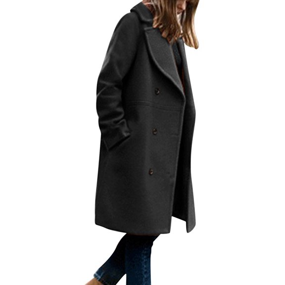 HNMKIU Women's Winter Blend Mid Long Coat with Notch Lapel Double Jacket Classic Long Coat Women for Fashion Outerwear Black,L