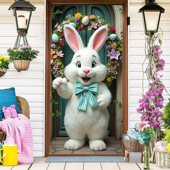 Happy Easter Door Cover Decorations, 70.8" White Easter Bunny Door Banner Welcome Easter Banner Spring Easter Party Decorations for Spring Easter Holiday Party Decorations
