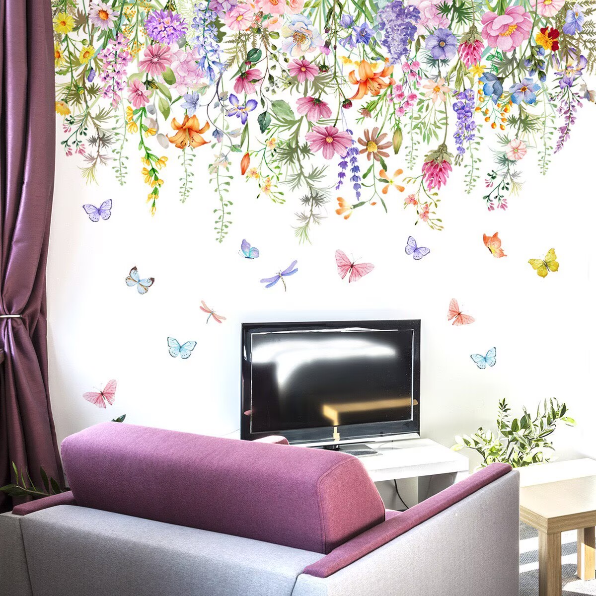 Watercolor flower stickers, flower and butterfly wall stickers, Daisy stickers, Peel and Stick Hanging Flower Plants Wall Decals for Bedroom Living Room Office Classroom Wall Décor