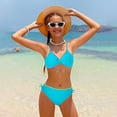 thumbnail image 6 of Wuxian Girls Swimsuits Spaghetti Strap Tankini Two Piece Bathing Suit Front Cross Solid Color V-Neck High Waist Tie Side Bikini Set Ribbed Stylish Cozy Breathable Swimwear,Blue,13-14 Years, 6 of 6