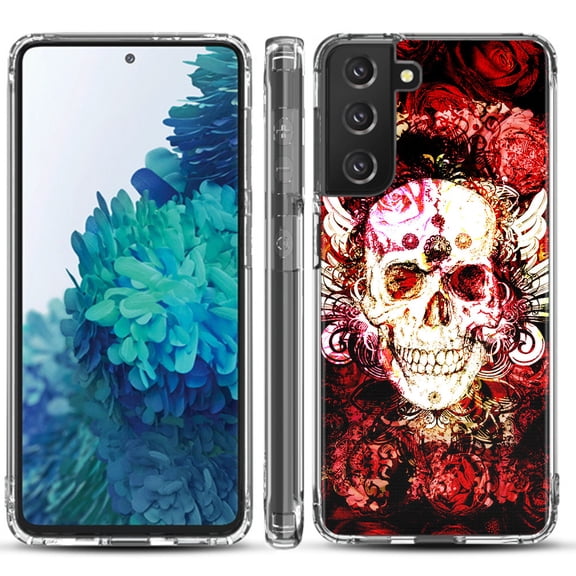 Shockproof Hybrid Bumper Phone Case for Samsung galaxy S21  5G / S21 Plus 5G, by OneToughShield ® - Rose Skull