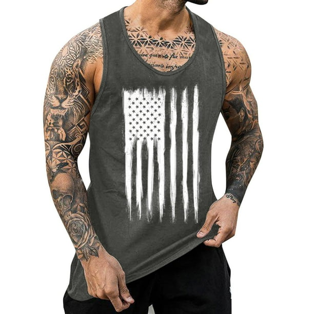 Hombres Moda Casual Día de la Independencia Impresión Suéter Cuello Redondo Deportes sin Mangas Tanque