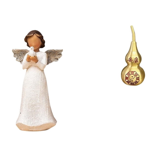 Escultura de querubín de resina con paloma y calabaza de latón, adorno Feng Shui para escritorio, sala de estar o como centro de mesa decorativo para