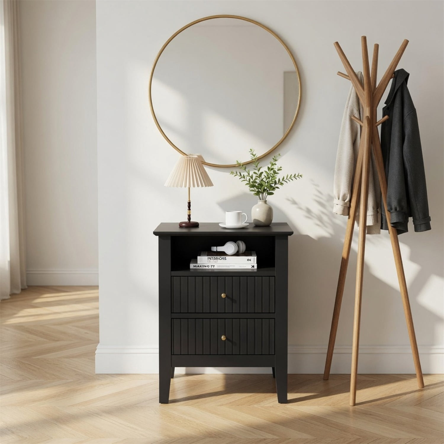 Hommoo 18" Wooden Fluted Nightstand Set of 2, with 2 Drawers & Open Shelf, Modern Bedroom Sofa Side Table, Black