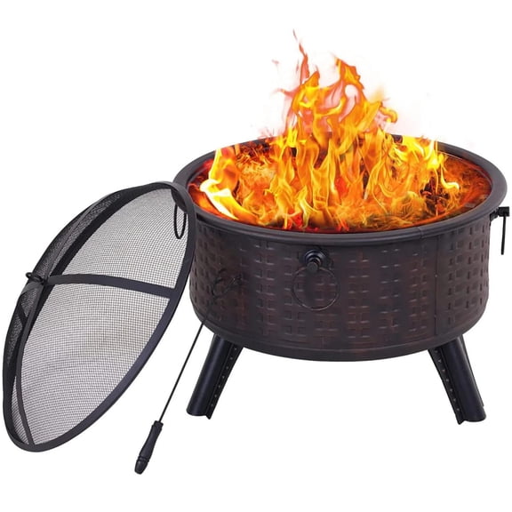 iMucci 26 inch Outdoor Wood Burning Fire Pit with Mesh Lid and Fire Picker – Durable Alloy Steel Fire Pits for Outside – Fire Pit for Backyard, Porch, Deck, Camping, BBQ