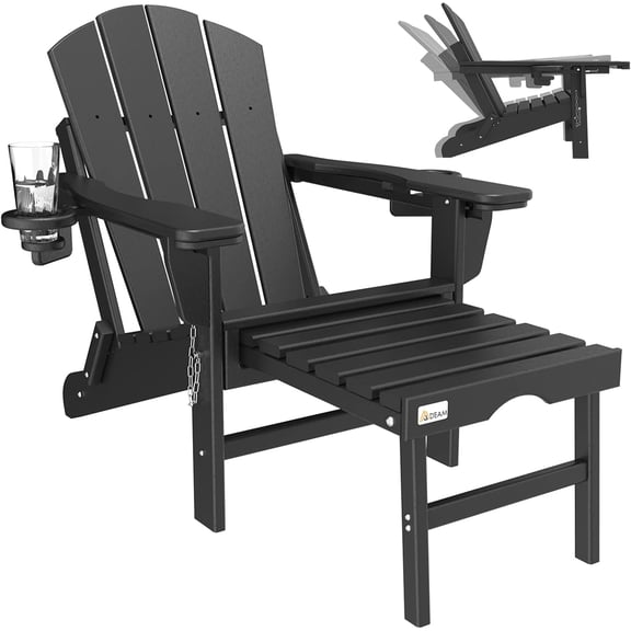 Erinnyees 3-Level Adjustable Adirondack Chair with Retractable Ottoman, HDPE All-Weather Folding Fire Pit Chair with 2 Cup Holders, Outdoor Chair for Deck Patio Garden Backyard Lawn