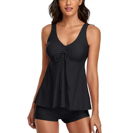 IDALL Tankini Swimsuits Bathing Suit Two Piece Floral Print Tank Top With Boyshorts Tummy Control Swimming Suits Swim Suits for Women Camisole Tops Black S(Clearance Sales)