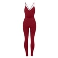 thumbnail image 6 of Usmixi Jumpsuits for Women Sexy Back Hollowed Soft Knitted Ribbed Slim Strap Sports Yoga Long Jumpsuits Overalls Summer Formal Solid V-Neck Sleeveless Maxi Rompers Wine s, 6 of 7