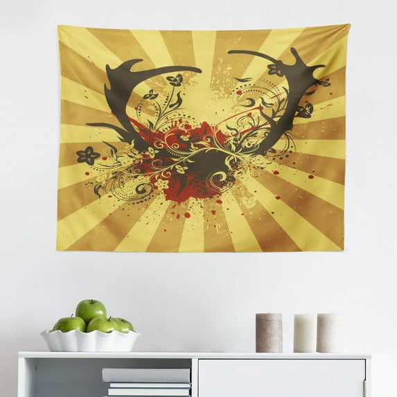 Antlers Tapestry, Deer Head with Flowers Blooms Cultural Design Ornamental Illustration, Fabric Wall Hanging Decor for Bedroom Living Room Dorm, 2 Sizes, Tan Green Teal, by Ambesonne