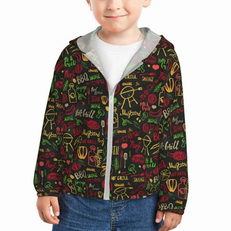 

Qekee Doodle Barbeque 1 Print UPF 50+ Kids Sun-Protective Hooded Long Sleeve Rash Guard for Fishing Water Beach Sports -4 Years